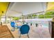 Comfortable patio with blue chairs overlooking the screened-in pool and tropical foliage at 2909 Concord St, Sarasota, FL 34231