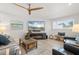 Cozy living room featuring a fireplace, large screen television, and comfortable seating at 303 Bryn Mawr Is, Bradenton, FL 34207