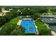 An aerial view of well-maintained pickleball courts surrounded by lush greenery, perfect for recreation and community engagement at 322 Langholm Dr, Venice, FL 34293