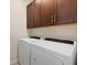 Convenient laundry room featuring a modern washer and dryer set with upper cabinets for ample storage at 3664 Course Dr, Sarasota, FL 34232