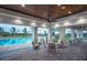 Stunning covered patio area with comfortable seating, ceiling fans, and a beautiful view of the community pool at 5590 Rain Lily Ct, Sarasota, FL 34238