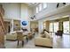Bright, open living room with high ceilings, a fireplace, comfortable seating, and natural light at 7340 Villa D Este Drive, Sarasota, FL 34238