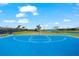 Outdoor blue basketball court with view of lake and manicured lawn at this community at 8163 Redonda Loop, Lakewood Ranch, FL 34202