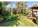Lush backyard with manicured lawn, tropical landscaping, and view of the home's outdoor living spaces at 1538 S Orange Ave, Sarasota, FL 34239
