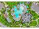Aerial view of a unique resort-style pool, surrounded by palm trees, lounge chairs, and lush greenery at 27454 Hole In One Pl, Englewood, FL 34223