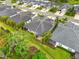 Aerial view of home in a neighborhood, showcasing a screened lanai and green backyard at 4021 Wildgrass Pl, Parrish, FL 34219