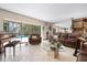 Open concept living room with a backyard pool view, comfy sofas and a piano at 4711 Ocean Blvd, Sarasota, FL 34242