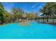 Outdoor basketball court with blue surface, surrounded by trees and lush greenery, offering a serene view of the lake at 7664 Camminare Dr, Sarasota, FL 34238