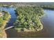 Aerial view of a wooded island with bridge access on a community lake at 12272 Stuart Dr, Venice, FL 34293
