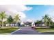 Community clubhouse with a red car parked out front, palm trees, and beautiful landscaping at 2918 Butterfly Jasmine Trl, Sarasota, FL 34240