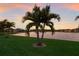Green lawn, palm trees, and a lake provide a relaxing outdoor space behind the homes at 3814 Scrub Creek Run, Lakewood Ranch, FL 34211