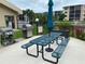 Outdoor picnic area with grill, green picnic tables and umbrellas for shade near pond at 425 30Th W Ave # C112, Bradenton, FL 34205