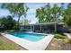 Backyard pool area featuring a concrete patio, screened-in porch, lush greenery, and inviting outdoor space at 4806 Capri Ave, Sarasota, FL 34235