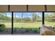 Serene view from the living area overlooking a lush green lawn, pond, and mature trees under a sunny sky at 7269 Golf Pointe Way, Sarasota, FL 34243
