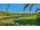 Picturesque view of the backyard with a tranquil pond, lush greenery, and a clear blue sky at 7407 Green St, Bradenton, FL 34201
