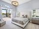 Main bedroom with screened patio access, neutral decor, and modern chandelier at 8335 Sea Glass Ct, Sarasota, FL 34240