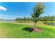 Expansive backyard featuring a pond and lush green lawn with a small tree and landscaping at 12664 Oak Hill Way, Parrish, FL 34219