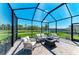 Serene screened patio with plush seating, a fire pit, and stunning views of the water at 12664 Oak Hill Way, Parrish, FL 34219