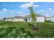 View of backyard featuring a lush green lawn and a modern house with sliding glass doors at 1596 Laurel Brook Ln, Port Charlotte, FL 33953
