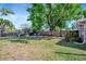 Expansive backyard featuring mature trees, lush green lawn, a dining area, and wooden fencing at 229 42Nd W St, Bradenton, FL 34209