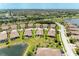Aerial view showcases the home's location within a well-maintained community and proximity to a pond at 19889 Benissimo Dr, Venice, FL 34293