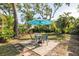 Landscaped backyard with a patio set under an umbrella with lush greenery at 2933 Mayflower St, Sarasota, FL 34231