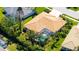 Backyard aerial view of home featuring a screened-in pool, tall palm trees and manicured lawn at 5270 Far Oak Cir, Sarasota, FL 34238