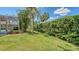 Well-maintained backyard featuring a green lawn bordered by privacy hedges and trees, providing an ideal setting for outdoor enjoyment at 5270 Far Oak Cir, Sarasota, FL 34238
