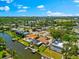 Waterfront neighborhood with boat docks, backyard pools, and beautiful landscaping under a clear blue sky with clouds at 5563 America Dr, Sarasota, FL 34231