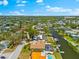 Aerial view of a neighborhood showcasing waterfront homes along winding canals and waterways with boat docks at 5563 America Dr, Sarasota, FL 34231