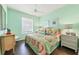 Bedroom featuring wood floors, ceiling fan and bright green walls at 7710 Seven Oaks Dr, Bradenton, FL 34201