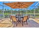Covered patio features a dining table with seating, overlooking a serene lake and lush greenery at 7816 Ashley Cir, University Park, FL 34201