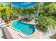 An aerial view of the kidney-shaped pool surrounded by pavers and lush greenery at 805 N Bay Blvd, Anna Maria, FL 34216