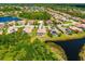 Aerial view of neighborhood with well-maintained homes, lush landscaping, and scenic ponds at 12810 Kite Dr, Bradenton, FL 34212