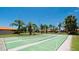 View of community shuffleboard courts with green turf and clear markings, surrounded by lush landscaping at 3112 Cambridge Ave # 6, Bradenton, FL 34207