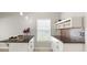 Kitchen features white cabinets, an island with dark countertops and mosaic backsplash at 3413 5Th W Dr, Palmetto, FL 34221