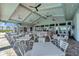 Spacious outdoor dining area with modern white furniture, ceiling fans, and TVs at 5406 Coral Reef Way, Lakewood Ranch, FL 34211