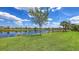 Lush green backyard featuring a calm lake surrounded by beautiful homes, offering a serene and picturesque view at 11176 Roseate Ct, Sarasota, FL 34238