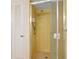 A standing shower with yellow tiling and silver fixtures featuring a white door adjacent at 320 25Th W St, Bradenton, FL 34205