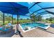 Relaxing screened-in pool area with a built-in spa, sunbathing area, outdoor seating, and a view of the golf course at 4607 Benito Ct, Bradenton, FL 34211
