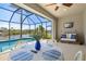 Enclosed pool with dining area and outdoor seating overlooking the canal at 8058 Santa Cruz Dr, Port Charlotte, FL 33981