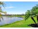 A serene lake view from the backyard, framed by lush greenery and mature palm trees at 11435 Apple Tree Cir, Bradenton, FL 34211