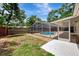 Enclosed backyard with lush green lawn, screened-in pool, and paved patio at 2924 Valley Forge St, Sarasota, FL 34231
