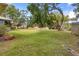 Expansive backyard with lush green grass, mature trees, and a large storage shed at 361 Whitfield Ave, Sarasota, FL 34243