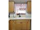 Kitchen with light wood cabinets, stainless steel sink, and pass-through to living area at 5630 Golf Pointe Dr # 108, Sarasota, FL 34243