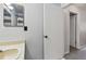 Bathroom with a vanity, mirror, white door, and a view to the hallway at 10265 Gandy N Blvd # 1004, St Petersburg, FL 33702