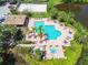 A captivating aerial view captures the pool and spa, surrounded by pavers, palm trees, and lounge seating at 10265 Gandy N Blvd # 1004, St Petersburg, FL 33702