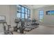 Fitness center with treadmills, bikes, and large windows offering views of the community at 17502 Savory Mist Cir, Bradenton, FL 34211