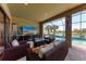 Inviting lanai with comfortable seating, a large television, and a beautiful lake view at 19921 Petrino St, Venice, FL 34293