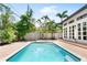 A refreshing pool with surrounding brick pavers and white exterior, complemented by lush greenery at 324 Siesta Dr, Sarasota, FL 34242